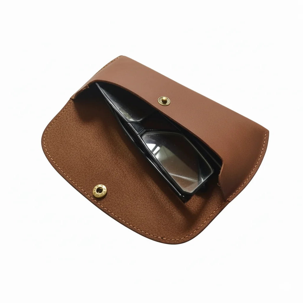 Brown Leather Eyewear Case | Slim Optical Cover with Button Closure